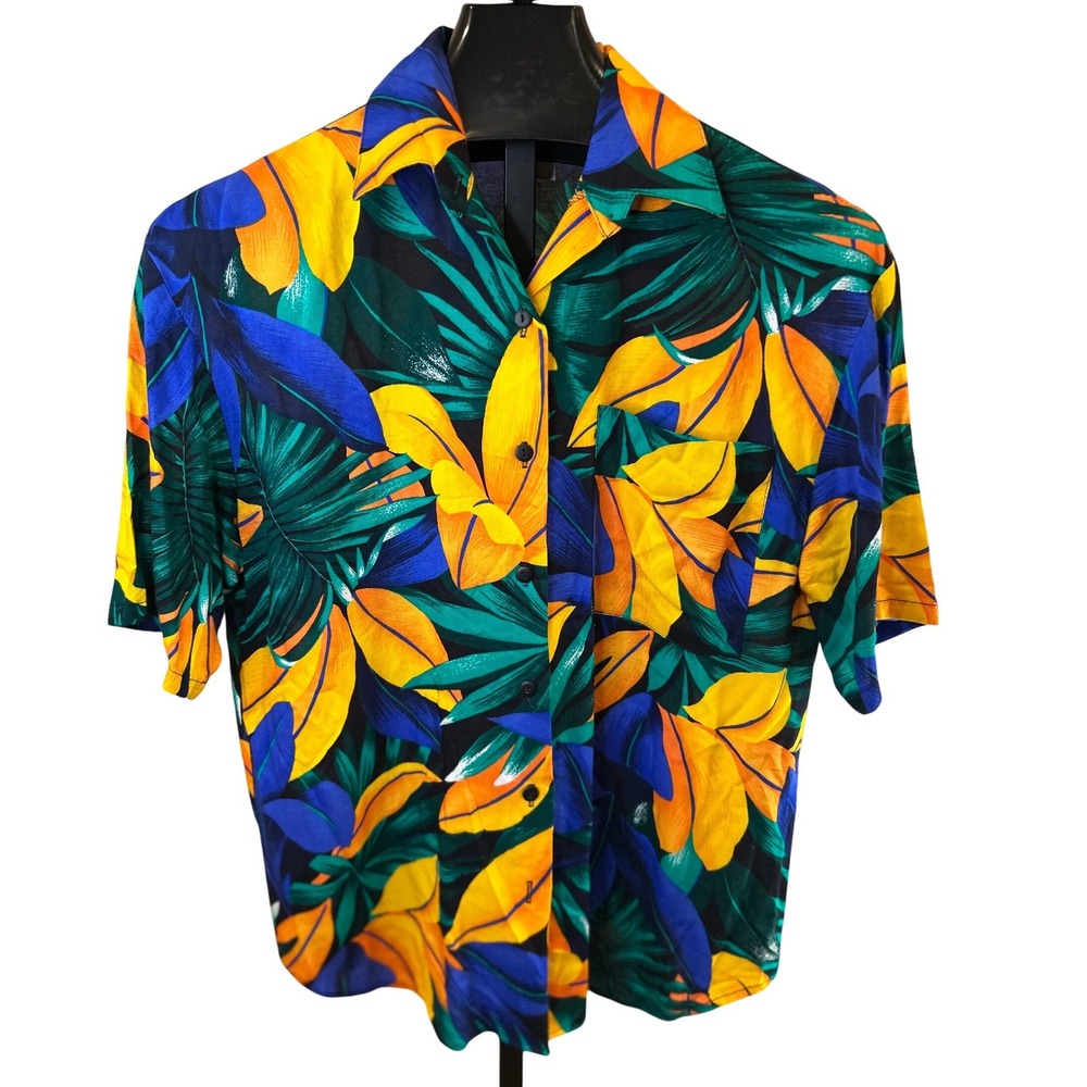 Bobbie Brooks Tropical Leaf Print Button Up Short Sleeve Shirt‎ Women Medium